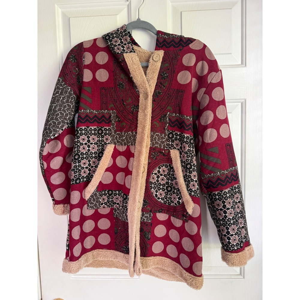 Boho Patchwork Hooded Jacket Burgundy Mixed Print Cottage Core Soft Lined Coat - Picture 1 of 3